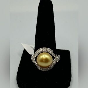 Elegant Deep Gold 11mm Golden South Sea Cultured Pearl Ring w/ White Zircon, 8